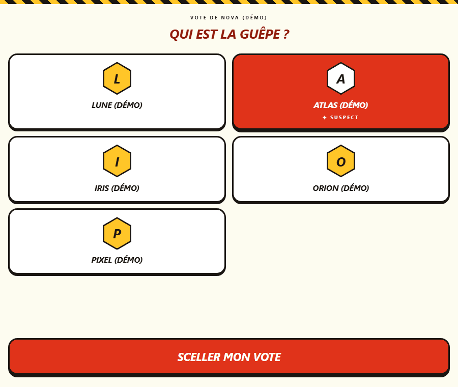 bzzz — Vote fictif de Nova pour Atlas parmi cinq suspects — Infiltration locale.