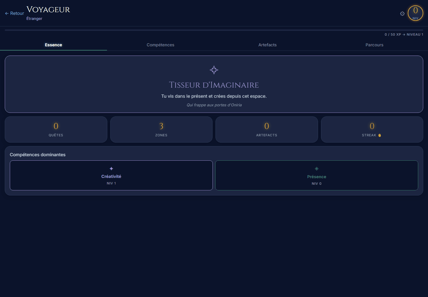 Connexion — profil Essence après parcours initial fictif
