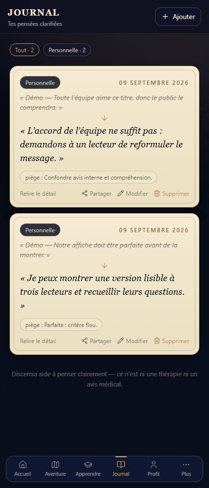 DISCERNIA — Journal local : deux pensées fictives et leurs reformulations, retrouvées après rechargement.
