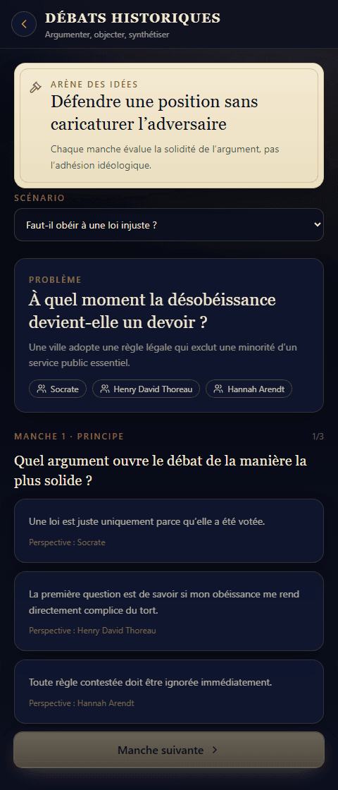 DISCERNIA — Débat pédagogique natif : examiner les arguments d’un scénario fictif, avant toute réponse.