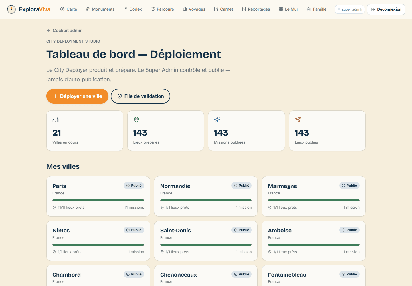 ExploraViva — Tableau de bord des villes et missions existantes