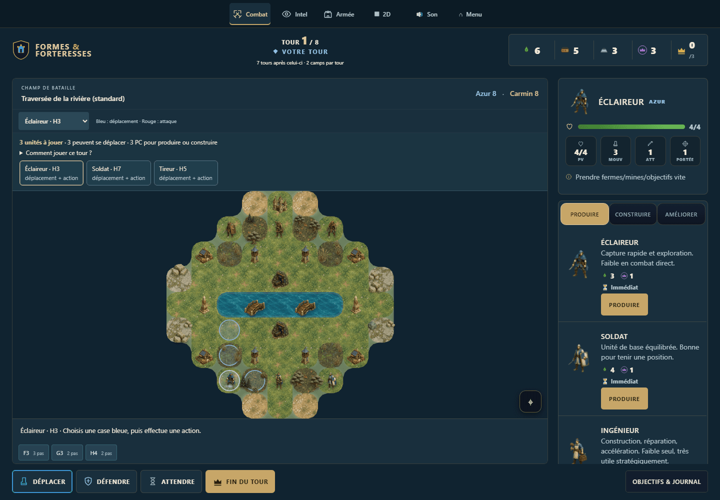 forteresse — Éclaireur sélectionné en 2D, déplacements et statistiques — démonstration locale.