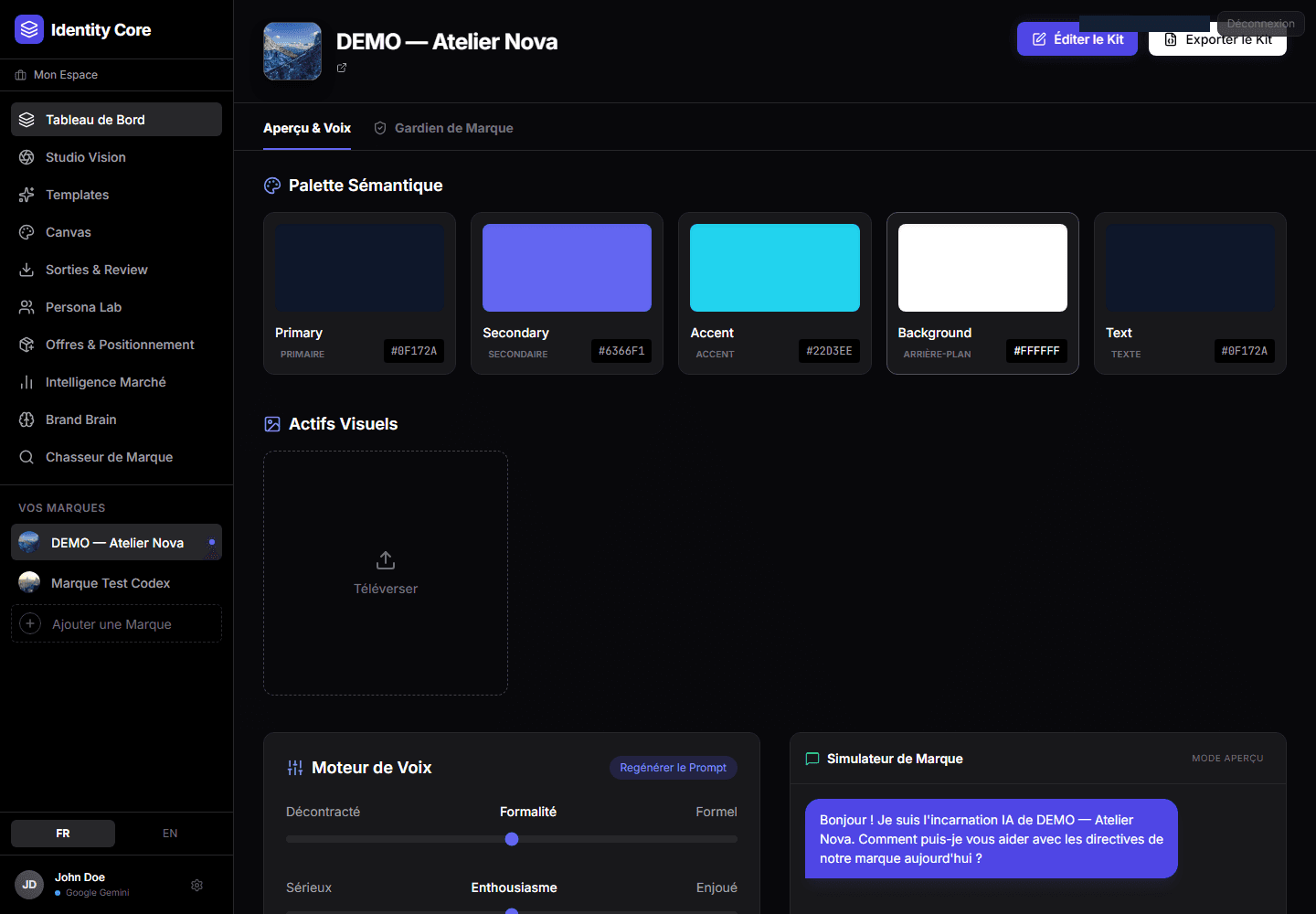 Identity Core — tableau de marque Atelier Nova