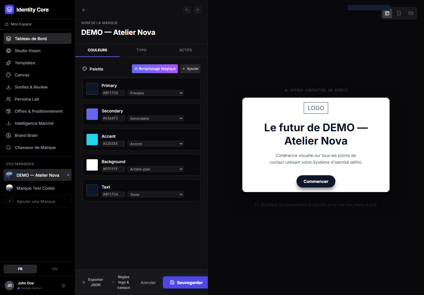 Identity Core — palette et aperçu, interface complète