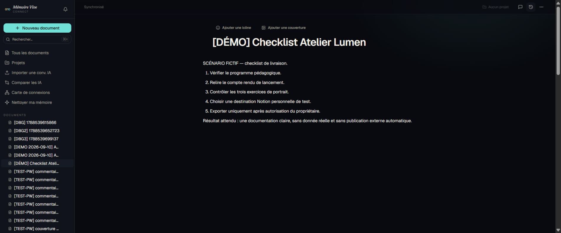 Mémoire Vive V5 — document et checklist fictive