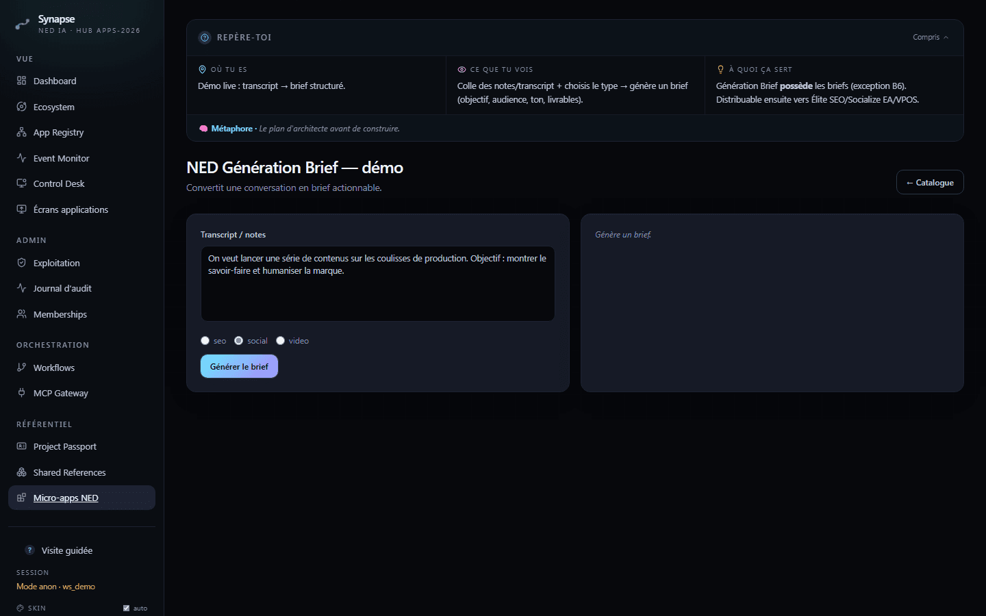 micro-apps-ned — dashboard : interface du logiciel