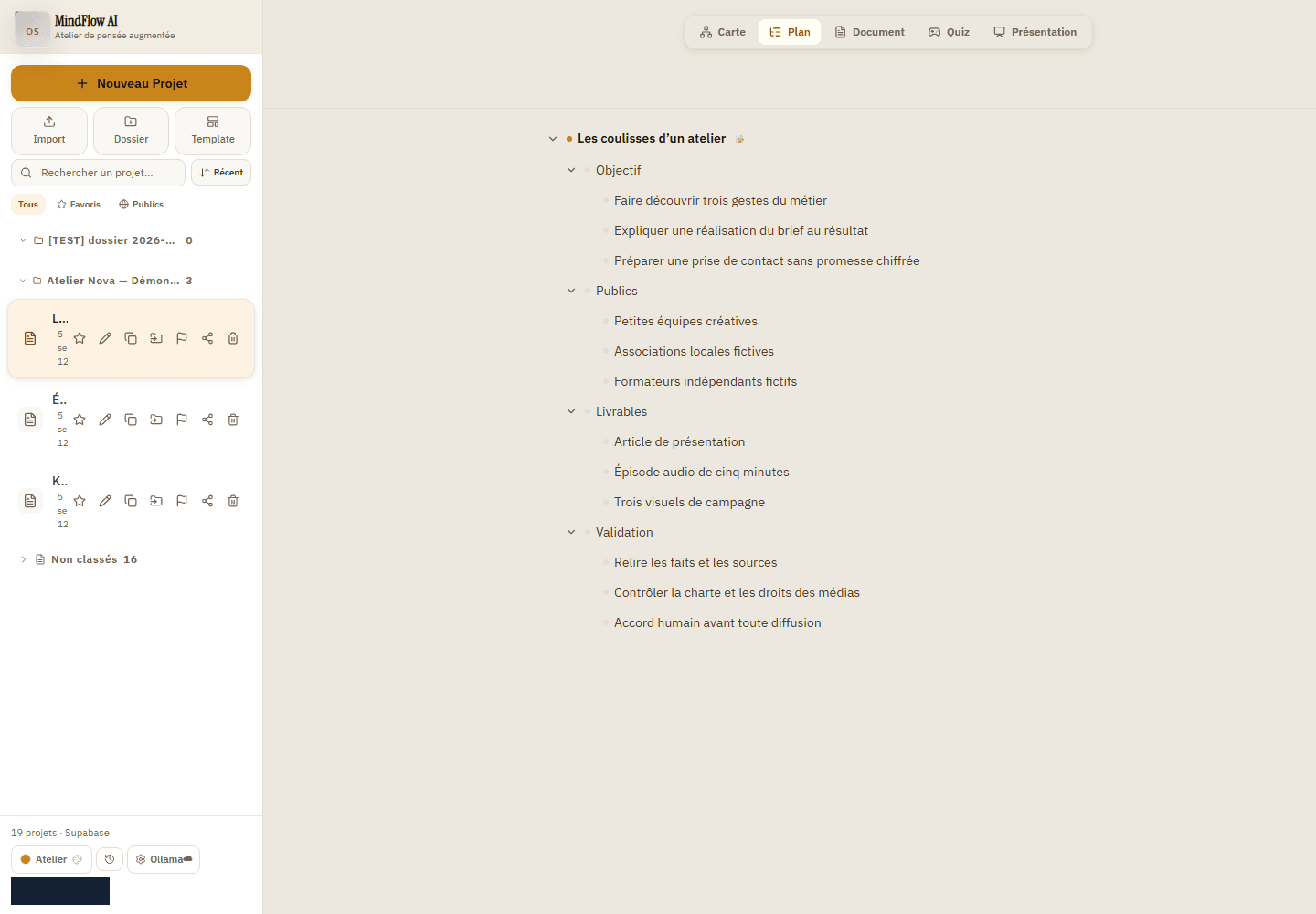 MindFlow — projets et vue Plan