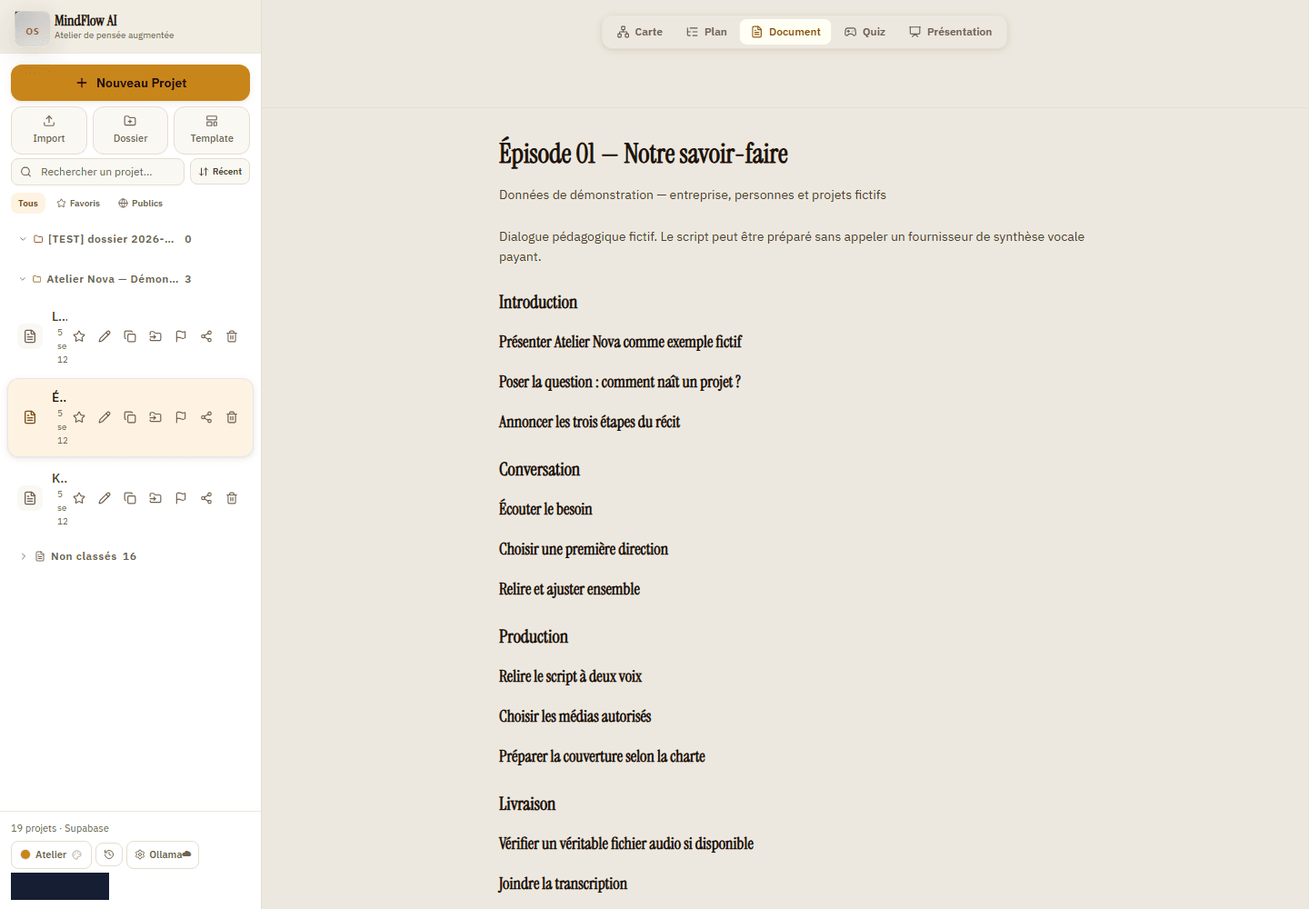 MindFlow — vue Document d’un épisode fictif