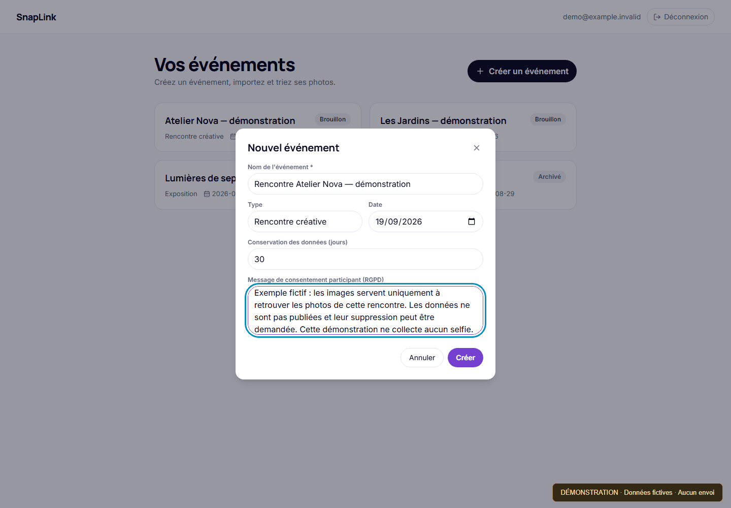 SNAPLINK — préparer un événement