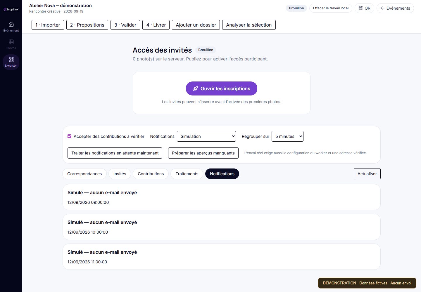 SNAPLINK — notifications simulées