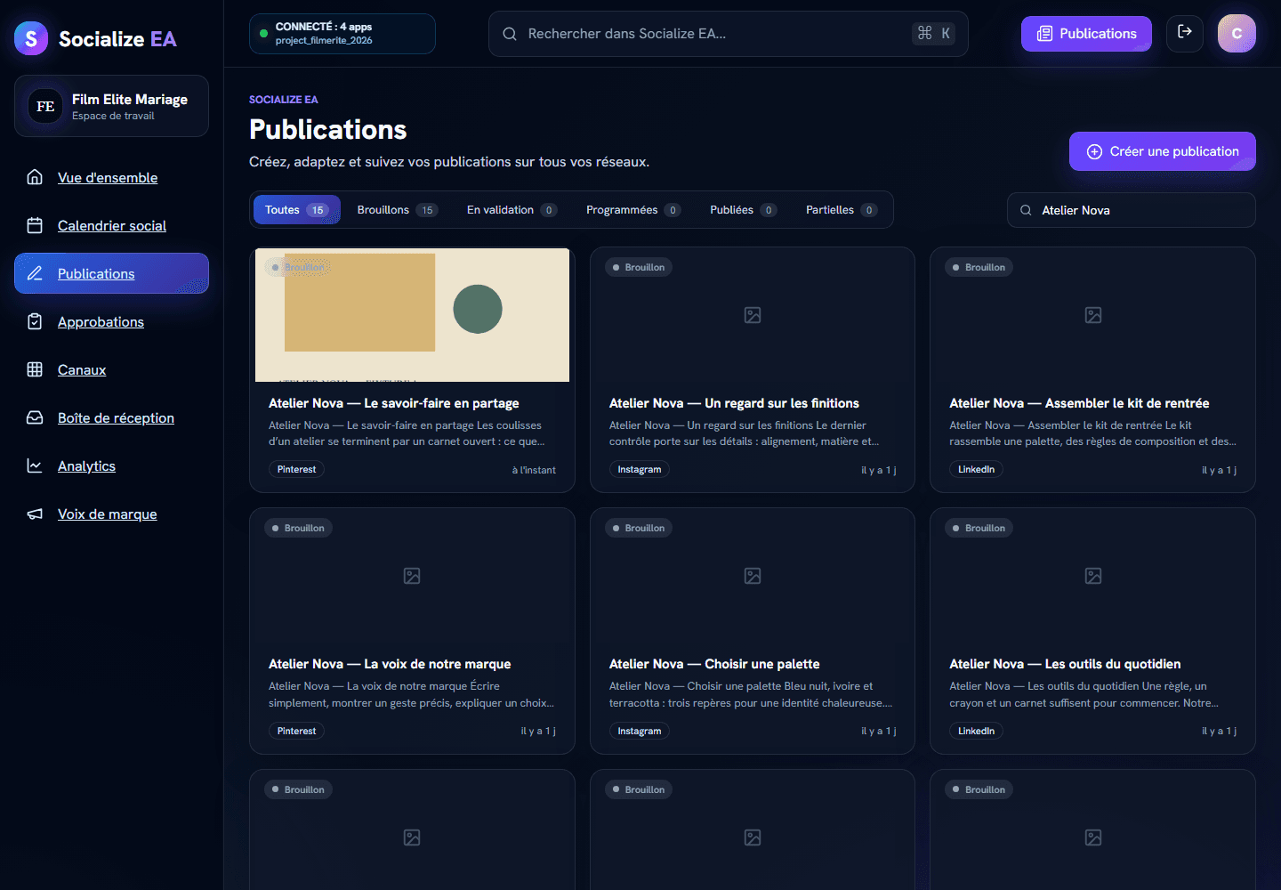 Socialize EA — liste des brouillons Atelier Nova