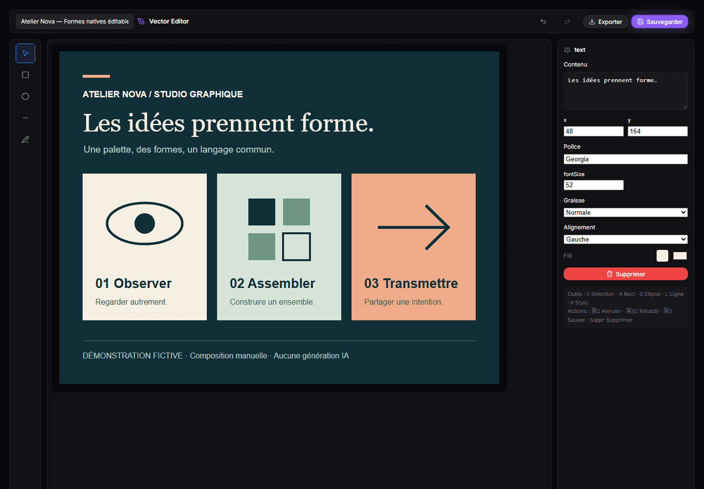 Vector Studio — composition et propriétés typographiques